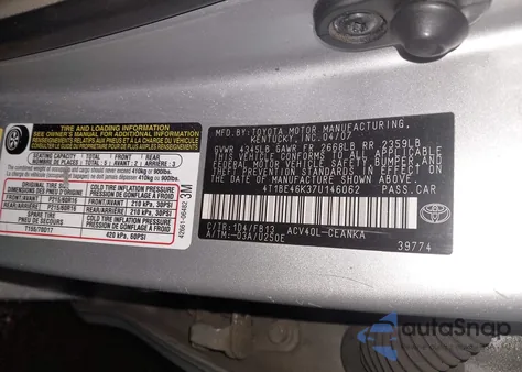 2007 Toyota Camry Le from USA, damaged, VIN 4T1BE46K37U146062